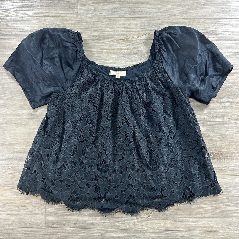 Anthropologie Moulinette Soeurs Top Sz‎ L  Messina Lace Puff Sleeved Blouse